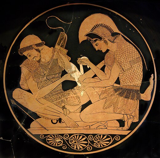 Achilles verzorgt Patroklos (Etruskische roodfigurige kylix van de Sosias-schilder, ca. 500 v.Chr., Staatliche Museen te Berlijn)