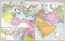 Multi-color map of the Mediterranean and the Middle East, showing the phases of Muslim expansion to the 10th century