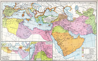 Mapa severní Afriky, jižní Evropy a západní a střední Asie s různými barevnými odstíny označujícími fáze expanze chalífátu