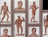 A mosaic featuring Roman athletes from the Baths of Caracalla, constructed c. 216–235 AD