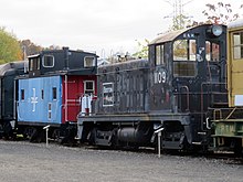 Two pieces of former Boston and Maine Railroad equipment - caboose C-472 and locomotive 1109 - at Thomaston in 2020 B&M 1109 and C72 at RMNE, October 2020.JPG