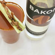 A "Bacon Bloody Mary" made with Bakon Vodka, a commercially available bacon-flavored vodka. Bacon bloody mary-Kaitlin Lunny.jpg