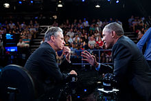 Stewart interviewing President Barack Obama in 2015 Barack Obama on the Daily Show July 21, 2015.jpg