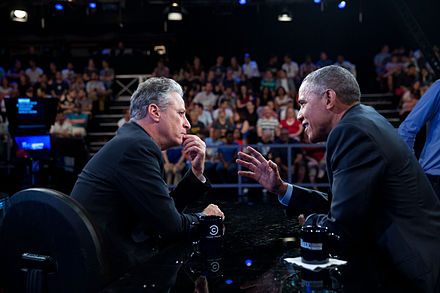 Stewart interviewing President Barack Obama in 2015