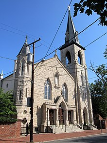 Photo of the front door of the Basilica of St. Mary in Alexandria, Virginia