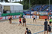 Deutsch: Beachhandball Europameisterschaften 2019 (Beach handball Euro); Tag 2: 3. Juli 2019 – Männer, Vorrunde Gruppe A, Spanien-Norwegen 1:2 (22:26, 28:22, 8:10) English: Beach handball Euro; Day 2: 3 July 2019 – Men Preliminary Round Group A - Spain-Norway 1:2 (22:26, 28:22, 8:10)