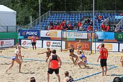 Deutsch: Beachhandball Europameisterschaften 2019 (Beach handball Euro); Tag 2: 3. Juli 2019 – Frauen, Vorrunde Gruppe C, Spanien-Griechenland 2:1 (12:20, 18:16; 8:2) English: Beach handball Euro; Day 2: 3 July 2019 – Women Preliminary Round Group C – Spain-Greece 2:1 (12:20, 18:16; 8:2)