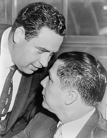Hoffa (right) and Bernard Spindel after a 1957 court session in which they pleaded not guilty to illegal wiretap charges