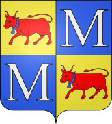 Farbiges Wappen, das zwei Kühe und zwei Mr.