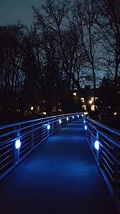 Blue lights along the bridge, 2016 Blue Bridge, Reed College, 2016.jpg