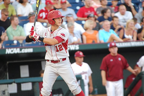 Bo Bigham bats for Arkansas at the 2012 College World Series.