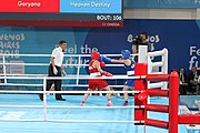 Deutsch: Boxen bei den Olympischen Jugendspielen 2018 Tag 12, 18. Oktober 2018 - Kampf um die Bronzemedaille im Fliegengewicht Mädchen – Heaven Destiny Garcia (USA, blau) schlägt Goryanana Stoeva (Bulgarien, rot) 5-0; Ringrichter ist Ishanguly Meretnyyazov (Turkmenistan). English: Boxing at the 2018 Summer Youth Olympics on 18 October 2018 – Girl's flyweight Bronze Medal Bout - Heaven Destiny Garcia (USA, blue) beats Goryanana Stoeva (Bulgaria, red) 5-0; Referee is Ishanguly Meretnyyazov (Turkmenistan). Español: Boxeo en los Juegos Olímpicos Juveniles de Verano de 2018 en 18 de octubre de 2018 - Combate a medalla de bronce de peso mosca para mujeres: Heaven Destiny Garcia (Estados Unidos, azul) le gana a Goryanana Stoeva (Bulgaria, roja) 5-0; El árbitro es Ishanguly Meretnyyazov (Turkmenistán).