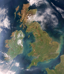 Satellite photograph of Great Britain and Ireland. Originally British nationalism was typically applicable to Great Britain. British nationalism typically focuses on the unity of Great Britain and Northern Ireland. Britain and Ireland satellite image bright.png