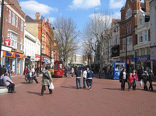 Broad Street, Reading main pedestrianised thoroughfare and the primary high street in the English town of Reading