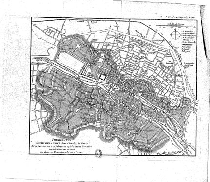 Premier plan : Cours de la Seine dans l'étendue de Paris avec les chutes des ruisseaux qui s'y jettent directement. On a marqué sur ce plan les diverses fontaines de cette ville