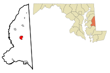 Caroline County Maryland Zone încorporate și necorporate Denton Highlighted.svg