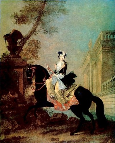 Equestrian portrait of Catherine the Great, as a young woman, riding sidesaddle. She also rode astride.