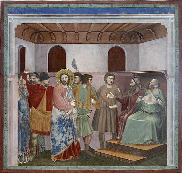 "Christ before Caiaphas". The High Priest is depicted tearing his robe in grief at Jesus' perceived blasphemy (Giotto, Life of Christ, Scrovegni Chape