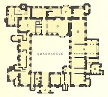 Compton Wynyates Floor Plan. A: Chapel; B; Parlour; C: Staircase; D: Hall; E: Kitchen; F: Larder; G: Scullery; H: Porter's Lodge; J: Porch; K: Cellar Compton Wynyates Floor Plan (11301951314).jpg