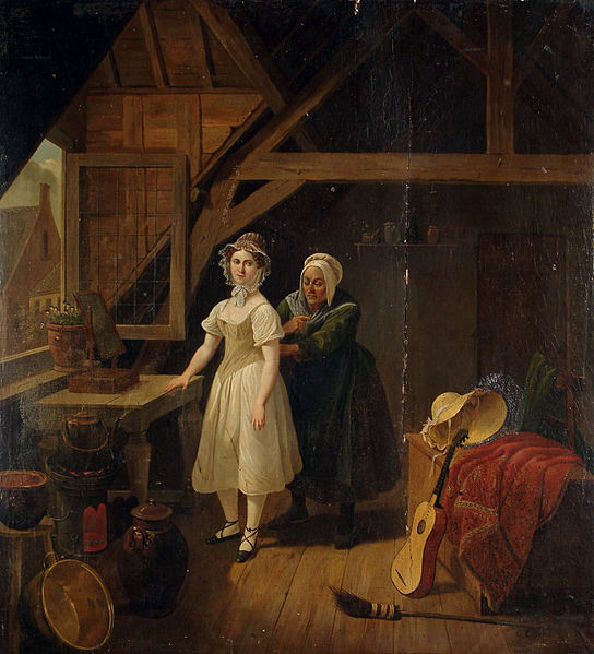 File:Constantinus Fidelio Coene Maid sewing a lady into a corset.jpg