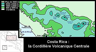 Carte topographique de la région de la cordillère Centrale, au Costa Rica.