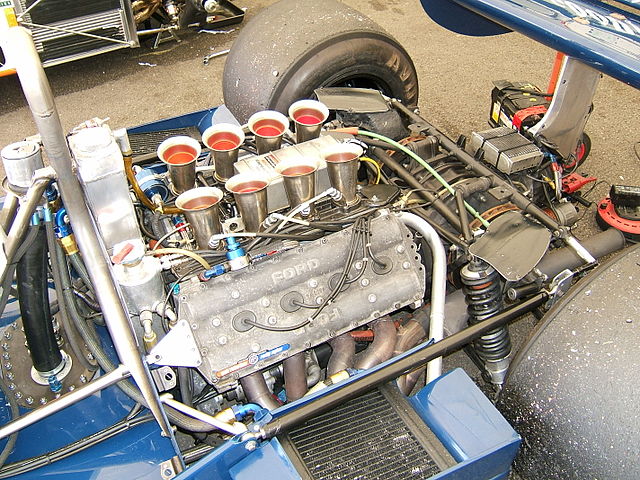 The classic DFV engine - Hewland gearbox combination, mounted in the rear of a 1978 Tyrrell 008.