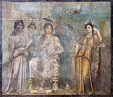 1st century AD Pompeian fresco, showing Dido, enthroned, attended by a handmaiden (left), looking towards the personification of Africa (right). Dido throne MAN Napoli Inv8898.jpg