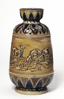 Salt-glazed stoneware vase, 1874, incised decoration by Hannah Barlow in Lambeth. Doulton.jpg
