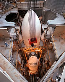 The prototype Space Shuttle orbiter Enterprise in full boilerplate stack configuration with External Tank and SRBs ready to undergo vibration testing at the Marshall Space Flight Center, October 4, 1978 Dynamic Test Stand (29893074602).jpg