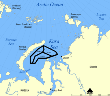 Location of the EPNZ-1, EPNZ-2 and EPNZ-3 oil and gas areas in the Kara Sea
