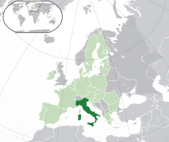 Položaj  Italija  (dark green)– on the European continent  (light green & dark grey)– in the Evropska unija  (light green)  —  [Legend]