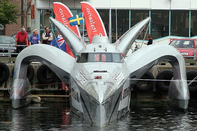 Speedboat Earthrace at a dock in Malmö, Sweden.
