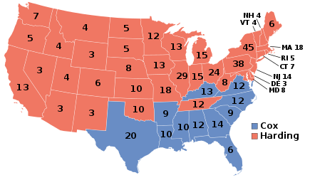 Republican nominee Warren G. Harding defeated Democratic nominee James Cox in the 1920 election ElectoralCollege1920.svg