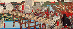 Összecsapás a Tojogobasi-hídon. Jobb oldalon a császárpárti, bal oldalon a sógunátusi katonák