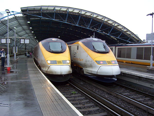 Class 373s in the original Eurostar livery lined up at the former Waterloo International