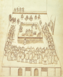 Several contemporary narrative accounts describe Mary's clothes and disrobing at her execution at Fotheringhay Castle. ExecutionOf MaryQueenOfScots DrawingBy RobertBeale 1587.png