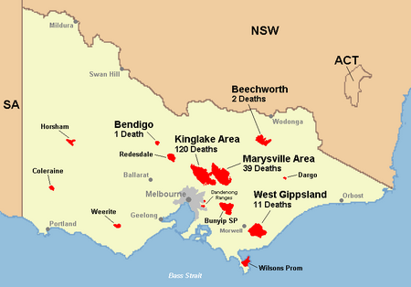 A map of the fire events and fatalities on 7 February 2009 that were the main focus of the Royal Commission Feb 7 09 vic bushfires map.PNG