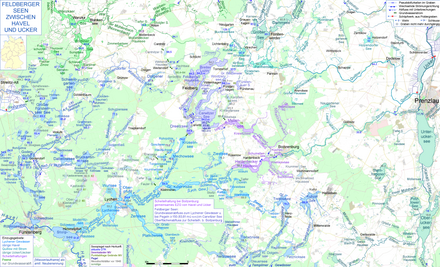 Die namengebende Seengruppe (bläulich lila) und ihre Abflusswege: Lychener Gewässer (leuchtend blau) zur Havel und Strom → untere Quillow zur Ucker