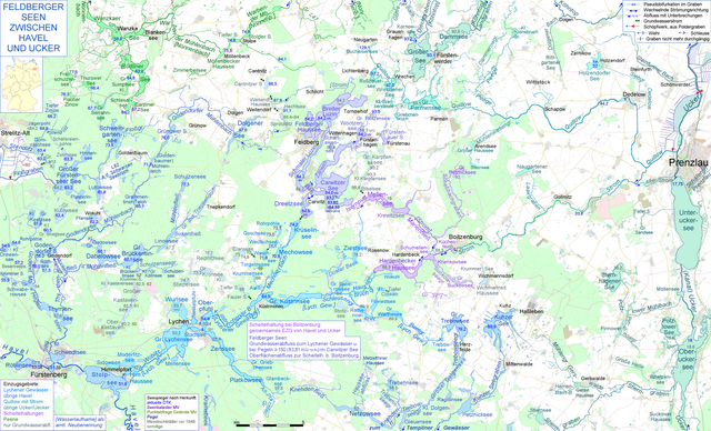 Feldberger Seen mit Abflusswegen bis zur Havel und zur Ucker.Lesbare Darstellungsgrößen: 20% (1271 x 770 px) – 25% (1674 x 1027) – 33% (2542 x 1540 px)