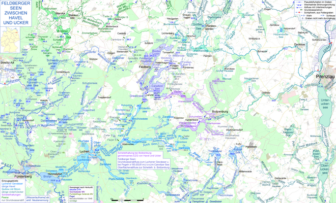 Der Hardenbecker Haussee als Teil der Scheitelhaltung (pink) bei Boitzenburg, gemeinsames Einzugsgebiet von Strom (zur Ucker) und Lychener Gewässer (zur Havel)