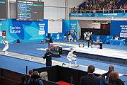 Deutsch: Fechten bei den Olympischen Jugend-Sommerspielen 2018: Tag 1, 7. Oktober 2018, Jungen, Säbel, Viertelfinale - Samuel Jarry (FRA) - Mazen Elaraby (EGY) 14:15 English: Fencing at the 2018 Summer Youth Olympics at 7 October 2018 – Boys' sabre Quarterfinals – Samuel Jarry (FRA) Vs Mazen Elaraby (EGY) 14:15