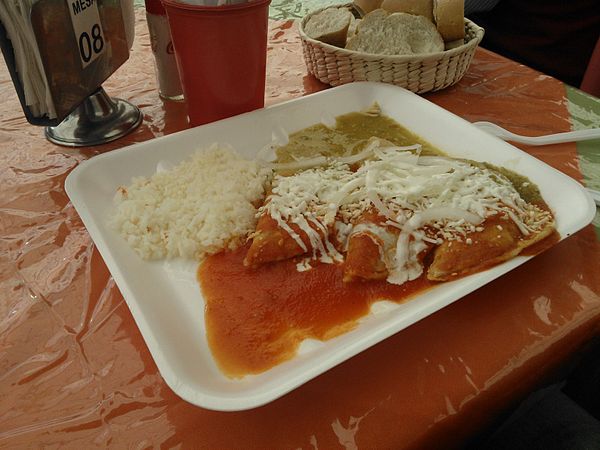 Enchiladas with red and green sauces