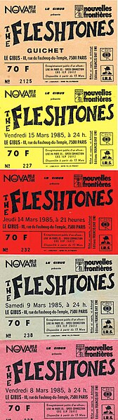 Tickets for the Fleshtones concerts at the Gibus club in Paris, March 1985, where the Speed Connection album was recorded