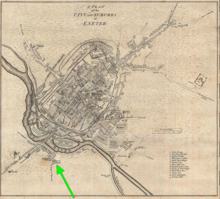 Floyer Hayes shown on a 1765 map of Exeter by Benjamin Donn, situated on the Alphington road on the south side of the River Exe FloyerHayes Exeter 1765Map BenjaminDonne.png