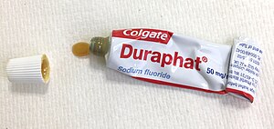 Tube of Colgate Duraphat fluoride varnish Fluoride varnish.jpg