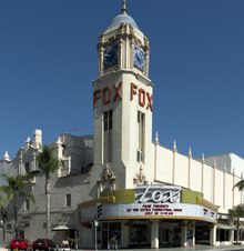 The historic Spanish Baroque Revival style Fox Theater, built in 1930. Fox Theater, Bakersfield, California LCCN2013633103 (cropped).tif