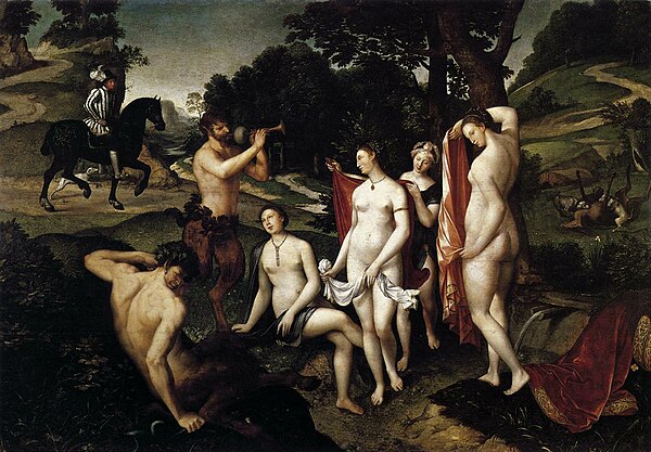 In François Clouet's Bath of Diana (1558-59) Actaeon's passing on horseback at left and mauling as a stag at right is incidental to the three female n