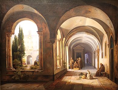 Moines franciscains dans le cloître de Santa Maria d'Aracoeli à Rome, 1842, Jodocus Sebastiaen van den Abeele, musée de l'Oise
