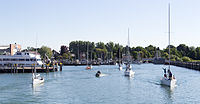 English: The ferry port and east marina of Friedrichshafen. View from a boat. Deutsch: Der Fährhafen und östliche Yachthafen von Friedrichshafen. Blick von einem Schiff.