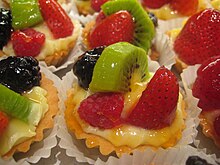 A fruit tart covered with nappage. Fruit pastry with kiwi, strawberry and blackberry, 2007.jpg